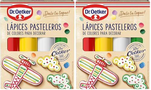 DR. OETKER - 4 Lápices Pasteleros de Colores, para Repostería, Color Amarillo, Rojo, Verde y Blanco, Decorar Tartas, Galletas y Cupcakes, Fácil Aplicación (Paquete de 2)