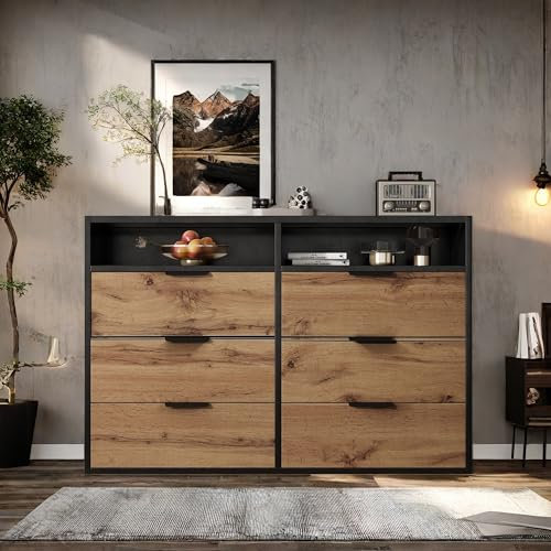 Wyibwy Moderno aparador de cocina con 6 cajones y 2 compartimentos, aparador de cristal, antivuelco para comedor, pasillo, tiradores de metal, aparador salón 120 x 40 x 80 cm, roble