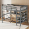 Hochbett Kinderbett 140 x 200cm mit Schreibtisch und Offenes Lagerregal, Holzbett Funktionsbett mit Lattenrost und Rausfallschutz, Kinder Etagenbett Bettgestell mit Leiter, Ohne Matratze (Grau)
