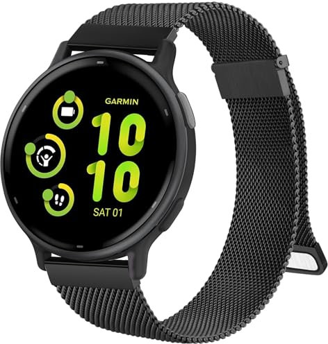 Bracelet en Métal Magnétique Garmin Compatible avec Venu Sq/Sq 2/Venu 2 Plus/Vivoactive 5/3/Forerunner 55 245 (Noir)