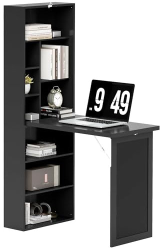 HOMCOM Wall Mounted Computer Desk, Folding Study Table with Black Board and Bookshelf, Multifunctional Floating Writing Desk for Home Office, Black