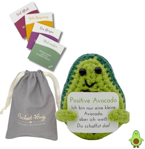 Pocket Hug Positive Avocado · Mutmachergeschenk für Freunde, Familie und Kollegen · Kreative Avocadofigur · Motivationsgeschenk & Glücksbringer deutsch · Handmade Woll-Avocado inkl. Zubehör