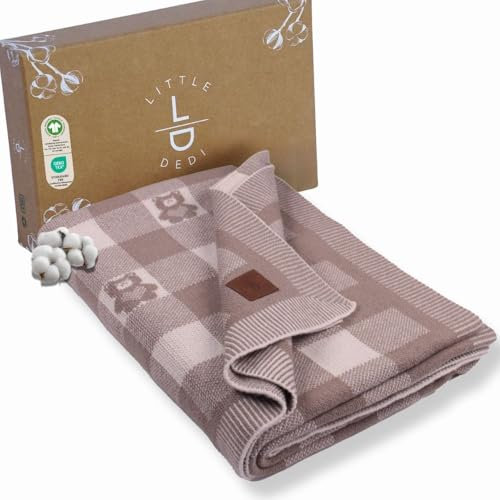 Little Dedi Baby Strickdecke, GOTS-Zertifiziert 100% Bio-Baumwolle mit Teddybären, weich & leicht, ideal zum Pucken und Kuscheln im Geschenkbox
