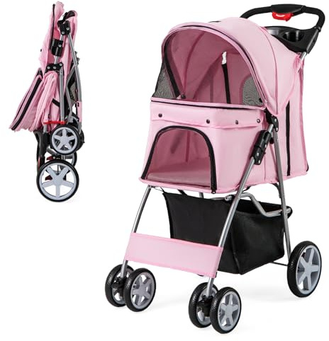 GOPLUS Poussette Pliable pour Chien et Chat avec Panier de Rangement et Auvent Réglable, Chariot pour Animaux Solide en MDF, Fer et Oxford Confortable, 87 x 46 x 102CM (Rose)