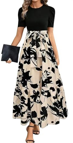 Sommerkleid Damen Elegant Tunika Kleider Kurzarm Rundhals Maxikleid A-Linie Blumenkleid Casual Strandkleid Hohe Taille Wickelkleid mit Taschen Beige M