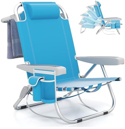 GOPLUS Chaise Plage Pliant pour Adulte, Camping Légère Portable en Alu., Dossier Réglable 5 Positions, Sangles Épaule,Sac Rangement, Porte-Serviettes,à Plat,Max.150KG (1, Bleu, 66 x 65 x 78 cm)