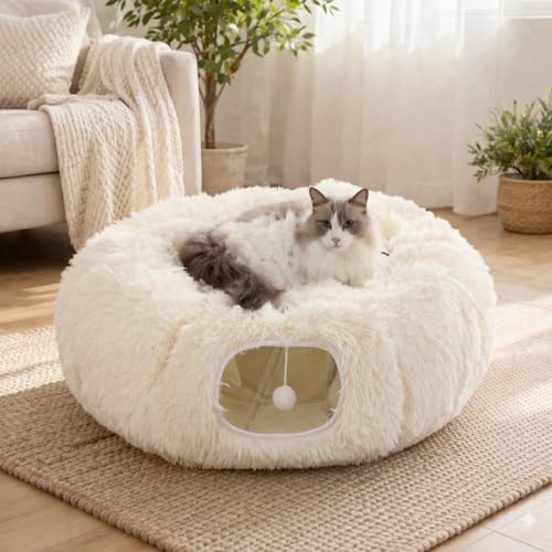 Grelife Cama tipo túnel para gatos de interior, falda grande para árbol de Navidad, juguetes de túnel de dona para gatos con felpa suave, para gatos, gatitos, mascotas pequeñas (33.5 pulgadas)