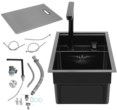 Fregaderos de cocina de acero inoxidable, fregadero invisible para bar de cocina y caravana, fregadero empotrado con cubierta, fregadero individual con grifo extensible elevable, lavabo de encimera