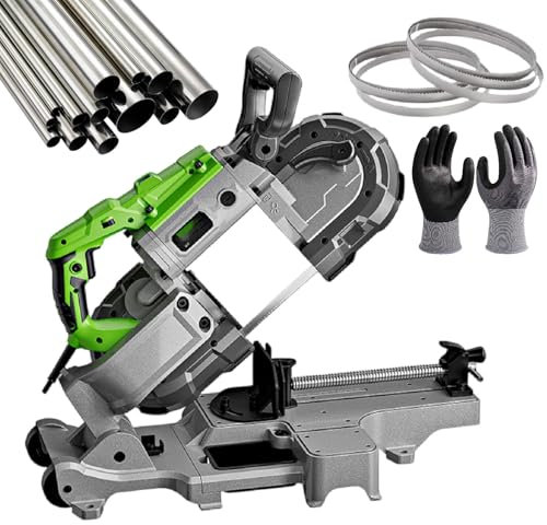 Scie à ruban portable, haute puissance de 1100 W, avec lignes d'échelle et angle de coupe réglable de 45°, comprend 1 gant et 6 lames de scie, idéale pour le métal, le bois, les tuyaux de tubes et la
