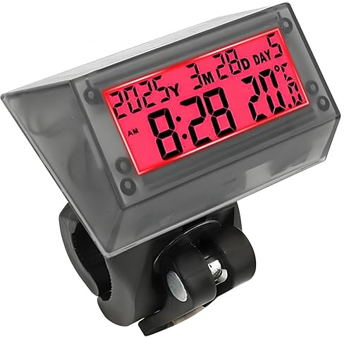 VEQENMOT Solarbetriebene LCD-Uhr, wasserdicht, stoßfest, multifunktional, digital, mit Zeit, Datum, Woche, Temperatur, Griffhalterung für Auto, Motorrad, Fahrrad, rotes Licht