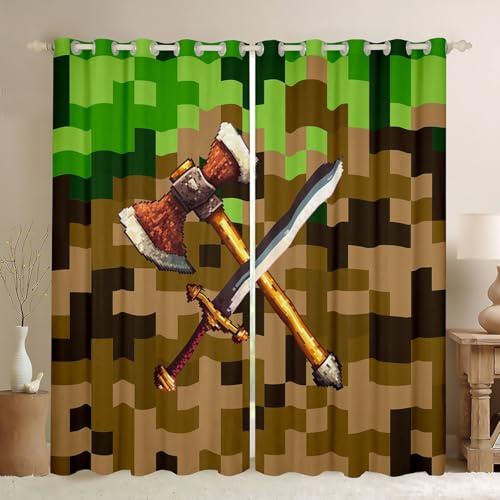 Castle Fairy Axe Sword Fenstervorhänge, Privatsphäre, Verdunkelungs für Fenster, Bergarbeiter-Thema, Fensterschattierung, für Schlafzimmer, Pixel-Stil, Vorhänge, 2 Elemente, 106 x 228 cm (B x L)