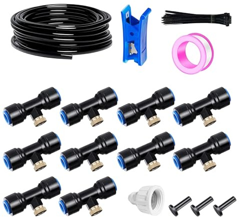 HUAZIZ Misters per terrazza esterna, sistema di nebbia da giardino, sistema di irrigazione, 15 m, tubo per nebbia 6 mm + 10 ugelli per nebbia, sistema di nebbia esterno per paesaggio, letto di fiori e