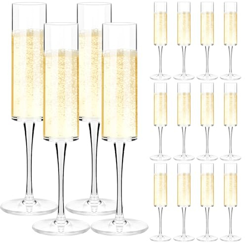 16 Pack Acrylic Champagne Flutes, 180ml Reusable Plastic Prosecco Glasses | Small Clear Champagne Glasses Bulk for Hen Party, Weddings, Birthdays, Garden Parties & Christmas Celebrations