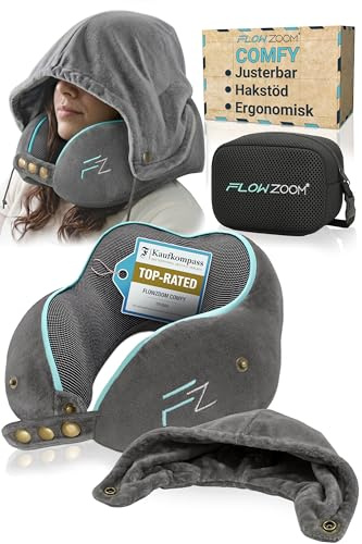 FLOWZOOM Comfy Nackenkissen Flugzeug & Auto mit Kapuze - Einstellbares Memory Foam Reisekissen mit Druckknöpfen für 360° Stütze, weicher Bezug - inkl. Transportbeutel - Grau