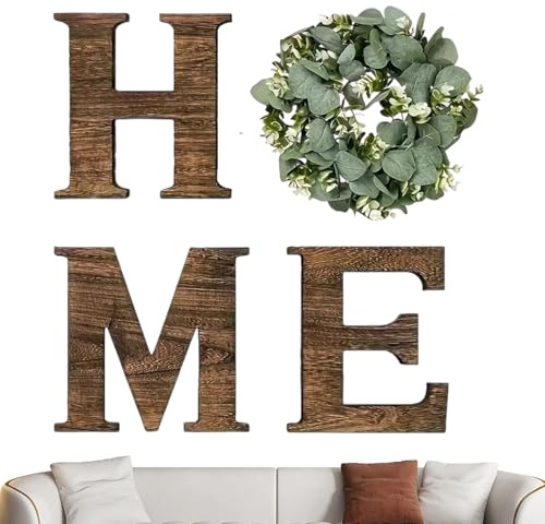 Yonuaret Home Sign - Letras De Madera,Decoración Rústica Con Corona De Eucalipto Artificial Para Sala Cocina Regalo Bodas Fiestas,Para Cocina Bodas Apartamentos Fiestas Regalo