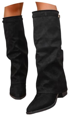 Stivali Donna Invernali Alti a Punta Gambale con a Blocco, Stivaletti Donna Gamba Larga in Pelle con Risvolto Eleganti Boots Stivali per Autunno Inverno (01-1Nero, 39)