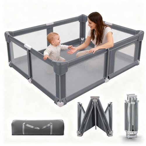 Laufstall Baby Faltbar, Vormontierter Laufgitter Oxford Gewebe, Laufstall mit SicherheitstüR, für Kinder Im Innen-und AußEnbereich, Tragbarer Reiselaufstall (Dunkelgrau, 180 x 200 x 70 cm)