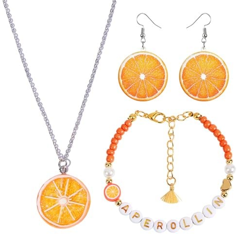YCICHE Aperol Kostüm Damen Set, 3-teiliges Aperol Spritz Kostüm Zubehör, Lustige Karneval Accessoires, mit Ohrringe, Halskette, Armband, Geschenk Idee für Karneval & Fasching Sommer Geburtstag Party