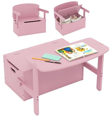 Maxmass 3 in 1 Toddler Table and Chair Set, Convertible Kids Bench Storage Chest with Safety Hinge, Wooden Toy Storage Box Children Toy Storage Organizer for Kids Room Playroom Daycare (Pink)