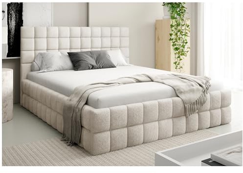 MEBLINI Andrea Polsterbett 140x200 mit Stauraum - Matratze, Lattenrost und Bettkasten - Kopfteil Bett mit Stauraum - Doppelbett - Stauraumbett - Betten - 140x200 - Creme Boucle/H3