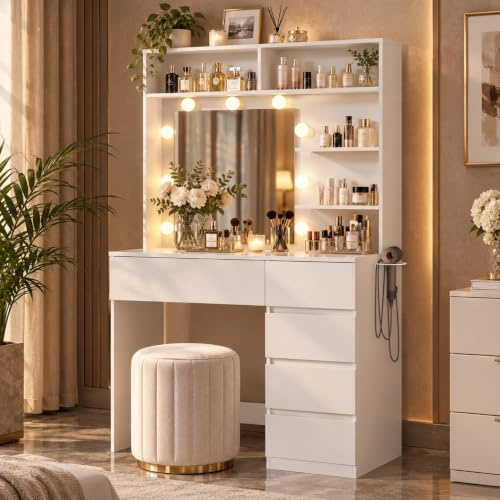 Schminktisch mit Spiegel, LED-Beleuchtung und Steckdose, Fönhalter, 80B cm | Vanity mit 5 Schubladen und 2 Offenen Ablagen, 3 Farbmodi und Einstellbarer Helligkeit, Weiß