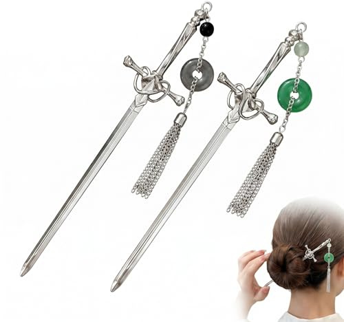 PYRUVAE 2 Stücks Schwert Haarnadel mit Quasten, Chinesische Haarnadeln aus Metall für Damen, Vintage Haarstab für Mittelalter Cosplay, Renaissance, Hochzeiten & Alltag
