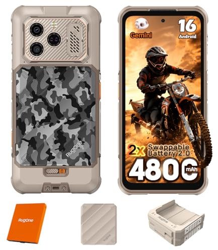 RUGONE Xever 8 Rugged Smartphone 2026, Rugged Phone Android 16 with 2×4800mAh Swappable Battery, 117dB, 16GB+128GB/2TB, 64MP+32MP+20MP, 120Hz 6.5 FHD+, TorchX 230, 3-Card Slot 4G Sand Dune