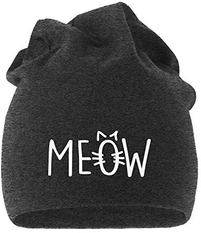 MoonWorks Jersey Beanie Katze Meow MIAU Cat Mütze Bedruckt Herren Damen dunkelgrau Unisize