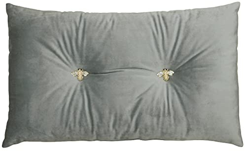 Paoletti Bumble Polyester Filled Cushion – Luxury Ruched Velvet Jewelled Bee Button Decorative Pillow (Silver – 30x50cm)