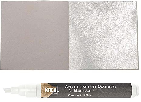 50 Blatt Echtes Blattsilber 5cm x 5cm Echt Silber 925 zum Versilbern & Basteln Silberblatt Silberfolie Kunst Handwerk Art Dekoration Restaurierung Möbel + 1 x Kreul Marker Anlegemilch Kleber im Stift