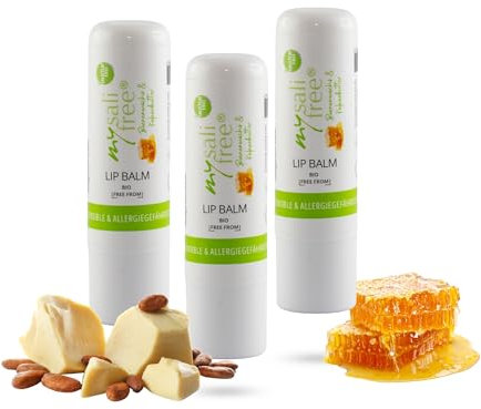 mysalifree Bio Lip Balm, Natürliche Lippenpflege für trockene, normale und zarte Haut, der Bio Lippenbalsam enthält Kakaobutter, Bienenwachs, Reiskleieöl, und ist gluten- und parfümfrei 3 Stück 5 ml