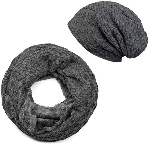 styleBREAKER Strick Loop Schal und Beanie Mütze Set mit Flecht Muster, Fleece Innenfutter, Winter, Unisex 01018211, Farbe:Dunkelgrau