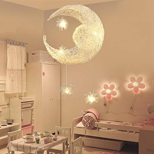 iDEGU LED Pendelleuchte Mond und Sterne Hängeleuchte Moderne Hängelampe aus Aluminium mit 5 LED Lampen für Kinder Schlafzimmer Wohnzimmer Dekoration, 37 cm, warmweißes Licht