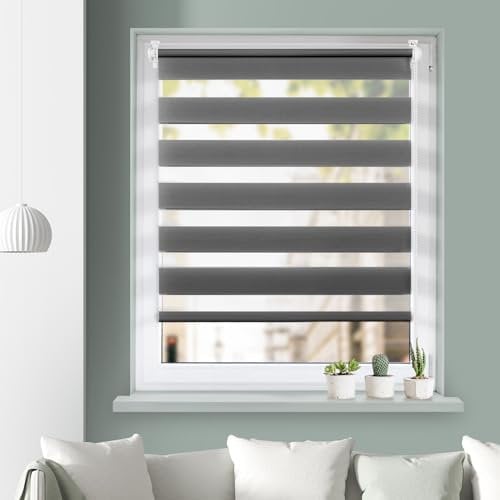 Grandekor Doppelrollo Klemmfix ohne Bohren Anthrazit 40x120cm(Stoffbreite 36cm) Fenster Rollos für innen Klemmrollos Duo Rollos für Fenster ohne Bohren mit Bohren Privatschutz UV-Schutz Zebrarollo