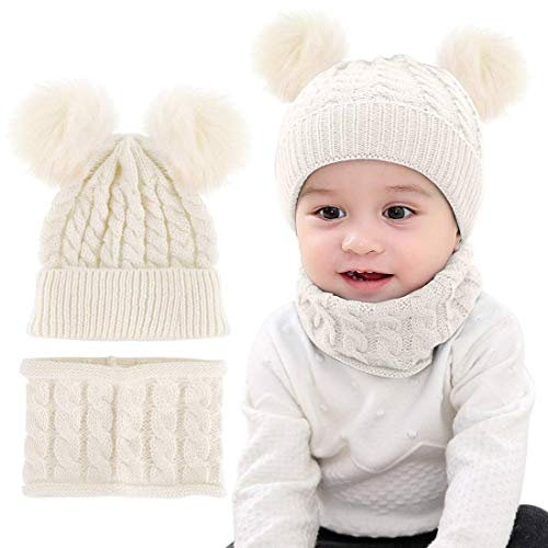 CheChury Warme Winter Mütze Schal Kinder Sets Baby Mädchen Beanie Hut Jungen Strickmütze mit Bommel Babymütze Schlupfmütze für 0-3 Jahre Kinder-B-Weiß-One Size