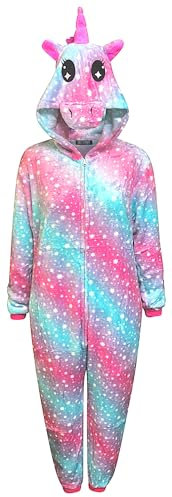 Live It Style It Unicorn Onesie Womens Comfy Pyjamas Mens Soft Sleepsuit Gifts for Ladies Animal Jumpsuit Dress Up Costume (L, Unicorn - Pink Green Stars)