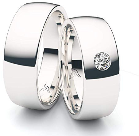 Massive Silber Eheringe 7 mm Rhodiniert mit großem Zirkonia 3 mm Stein Trauringe Partnerringe Freundschaftsringe 100% Made in Germany - Inkl. Gratis Gravur und Etui (Hochglanz Poliert)