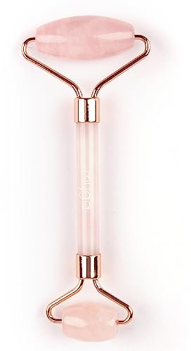 Myga Rullo facciale al quarzo rosa - Strumento snellente per la cura della pelle per antietà e antirughe - Massaggiatore tonificante per viso e collo 100% naturale