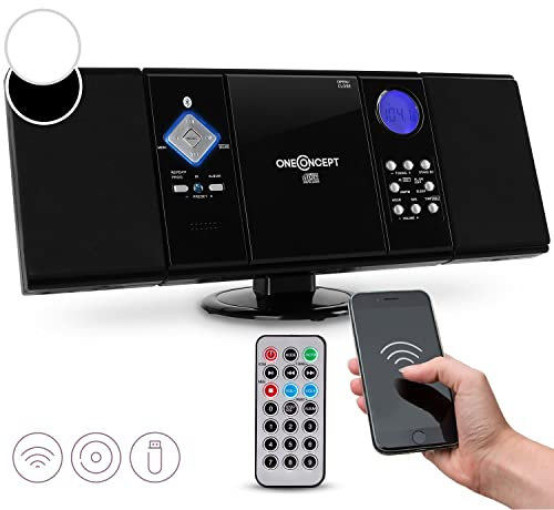 oneConcept Radio Portatile con Lettore CD HiFi, FM Bluetooth e impianto Stereo Casa AUX + 2 Altoparlanti, Display LCD, Telecomando, Sveglia, MP3 e SD, 3W