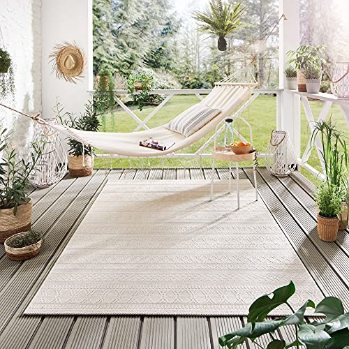 Steffensmeier Indoor Outdoor Teppich Nyland wasserfest Kunststoff Balkon Garten Flur, strapazierfähig und pflegeleicht, Streifen Creme, Größe: 240x330