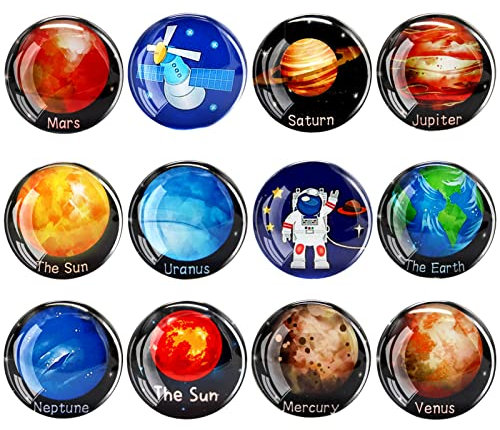 Fridge Magnets Planets, Yeelua 12Pcs 3D Glass Whiteboard Magnets for Kids, Beautiful Planetary Colorful Decorative Whiteboard Refrigerator Magnets for Kitchen, Magnetic Board, Classroom, Office