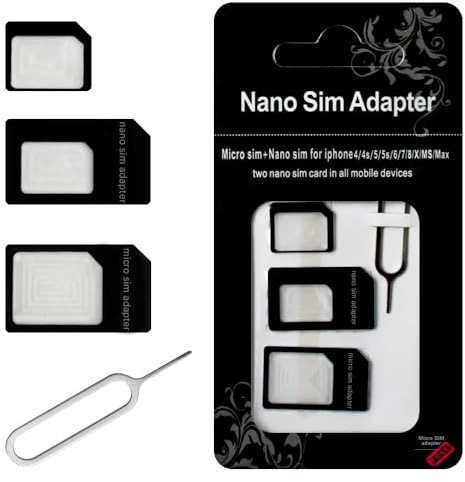 SIM Card Adapters, 4-in-1 SIM Converter Kit Nano/Micro/Standard with Tray Eject Pin for iPhone, Android Smartphones and Mifi Hotspot Devices - 1 Pack
