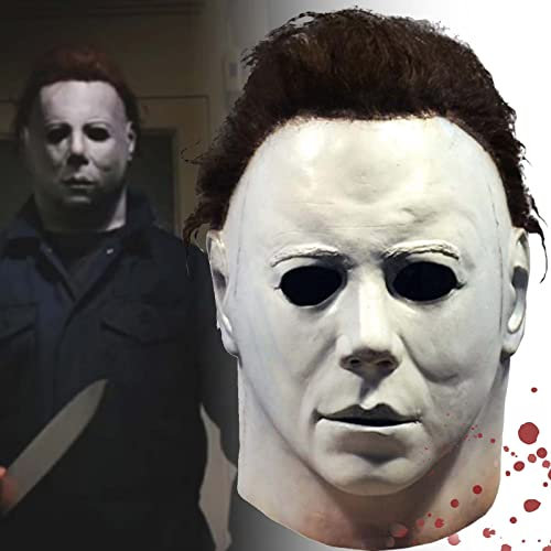 AENEY Michael Myers Maske, Latex Halloween Scary Cosplay Requisiten, Horror White Face Vollkopfmaske mit Haaren