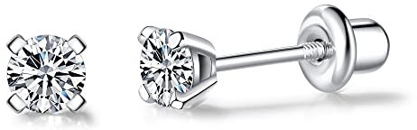 LUCKMORA Pendiente Plata de Ley 925 Rosca Cierre Roscado Semental Diamante Brillant Pendientes Niña Tuerca Seguridad Circonita 4mm Regalo de Cumpleaños Navidad (White-4mm S)
