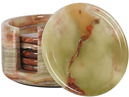 Radicaln Untersetzer-Set für Getränke, handgefertigt, aus Marmor, für warme Kaffeetassen, runde Untersetzer fürs Büro, Küche, Trinkgläser, mit Aufbewahrungsständer, 8,9 cm Durchmesser, grüner Onyx