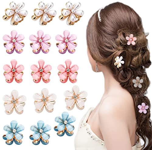 15 Stück Blumen-Haarspangen und Perlen-Haarnadel für Frauen, niedliche Blumen-Haarspangen Mini-Haarnadeln für Mädchen winzige Haarklammern Dekorationen für dünnes Haar rutschfestes Haarzubehör
