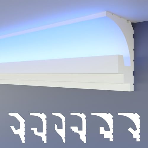 HEXIMO LED Stuckleisten 2in1, indirekte Beleuchtung Deckenleisten XPS Styropor Deckenstuck Styroporleisten für Decken (20,4 Meter HLED 5)