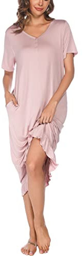Vlazom Women's Long Nightgown V Neck Sleep Shirt Nightdress Jersey Nightshirt for Loungwear Sleepwear with Pockets, A-Rose Pink, XL