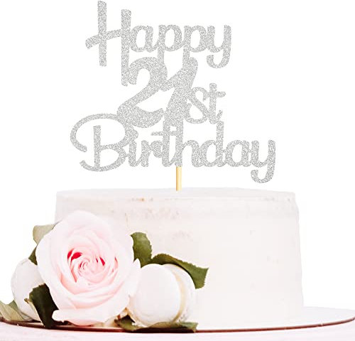 Sotpot Silver Glitter 21 Cake Topper, 21st Birthday Cake Decorations for Birthday Party Anniversary Party Supplies