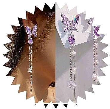 Atentuyi Boho Hochzeit Lange Quaste Perle Tropfen Baumeln Ohrringe Silber Lila Cz Schmetterling Ohrstecker Perlenkette Kristall Tropfen Ohrringe Braut Strass Ohrringe Schmuck Für Frauen Und Mädchen